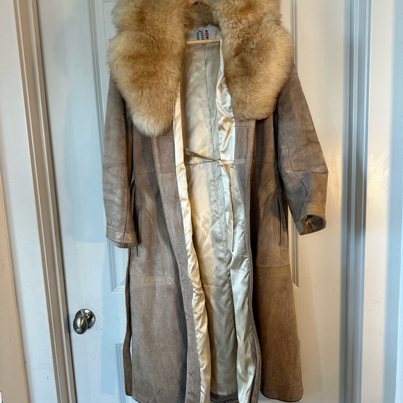 Vintage RARE 70’s Penny Lane Genuine Suede & Fur Belted MIDI Tan Trench Coat,S/M - Picture 2 of 10